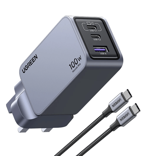 Ugreen Nexode Pro 100W 3-Port GaN Fast Charger UK Grey+1.5M 100W Cable – UG-25875