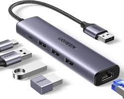 Ugreen USB3.0 to 3×USB3.0 +RJ45 (1000M) Ethernet Adapter Type-C Power Supply-UG-60554