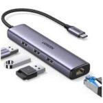 Ugreen UG- 60600 USB-C to 3×USB3.0 Hub+RJ45 (1000M) Ethernet Adapter