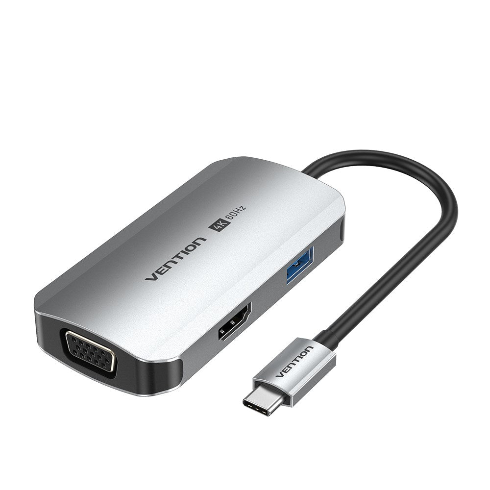 Vention USB C Multi-function 4 in 1 Docking Station USB-C to HDMI/VGA/USB 3.0/PD Docking Station 0.15M Gray Aluminum Alloy Type