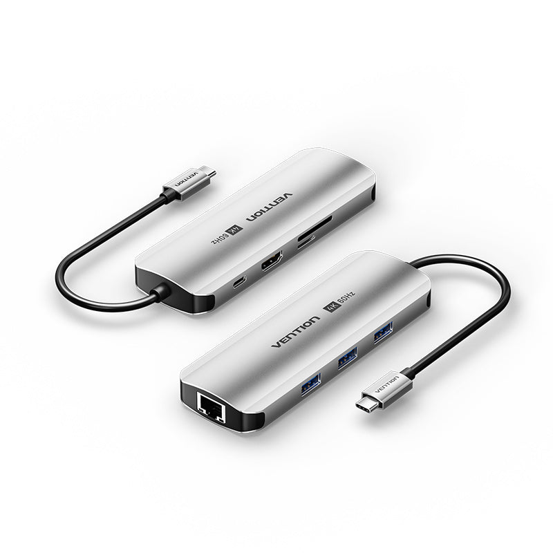 Vention USB C Multi-function 8 in 1 Docking Station to HDMI/USB3.0x3/RJ45/SD/TF/PD Docking Station 0.15M Gray Aluminum Alloy Type (100w)