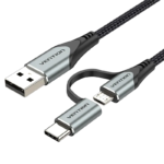 Vention USB 2.0 A Male to 2-in-1 Micro-B&USB-C Male 3A Cable 0.5M Gray Aluminum Alloy Type
