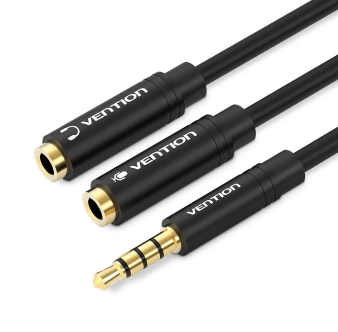 Vention 2*3.5mm Male to 4 Pole 3.5mm Female Audio Cable 0.3M Black ABS Type