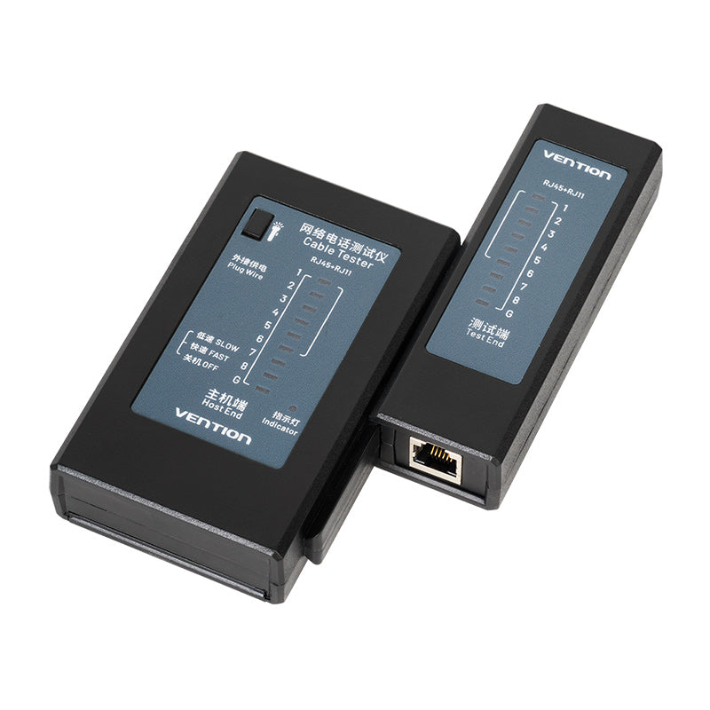 RJ45 RJ11 network cable tester remote 300M by Vention — dual power, slow/fast modes, LED lighting, gold-plated contacts. Model KEFB0.